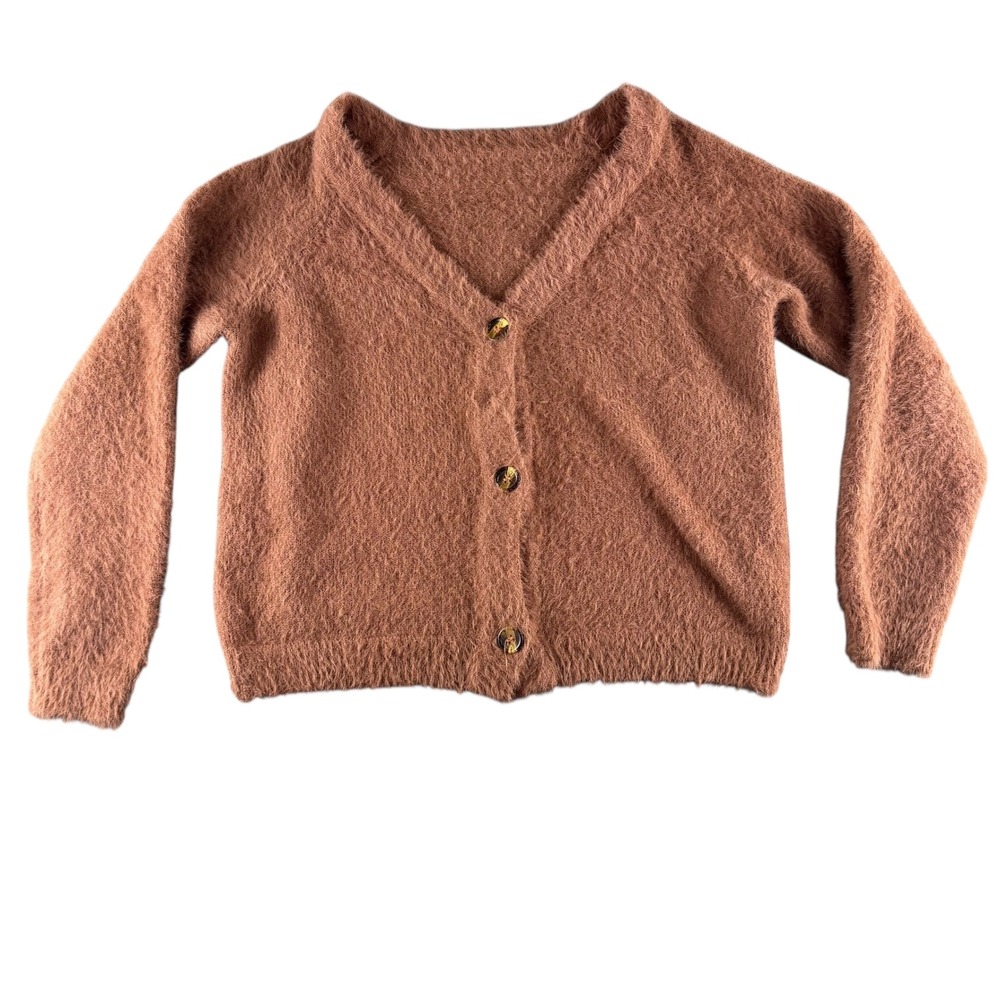 Womens Fuzzy Eyelash Knit Button Front Cardigan Sweater Terracotta Brown Small